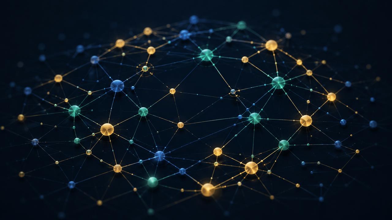 Abstract visualization of an interconnected AI agent network — រូបភាពអរូបីនៃបណ្តាញភ្នាក់ងារ AI ដែលភ្ជាប់គ្នា