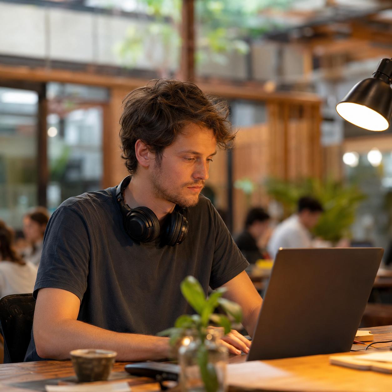 Software engineer working remotely on a laptop in a co-working space — វិស្វករសូហ្វវែរធ្វើការពីចម្ងាយលើកុំព្យូទ័រយួរដៃក្នុងកន្លែងធ្វើការរួម