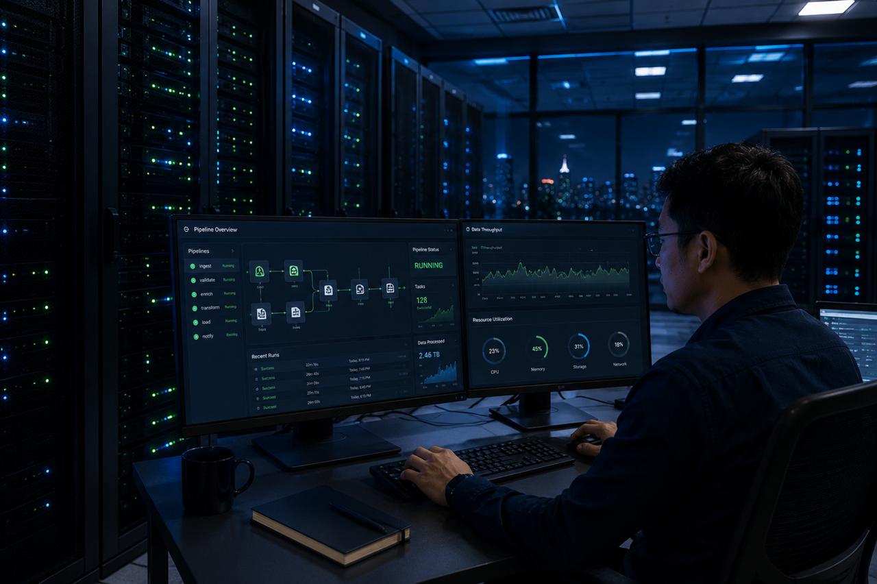 Engineer monitoring an autonomous data pipeline dashboard overnight in a data center — វិស្វករតាមដានផ្ទាំងគ្រប់គ្រងបំពង់ទិន្នន័យស្វ័យប្រវត្តិពេលយប់នៅមជ្ឈមណ្ឌលទិន្នន័យ