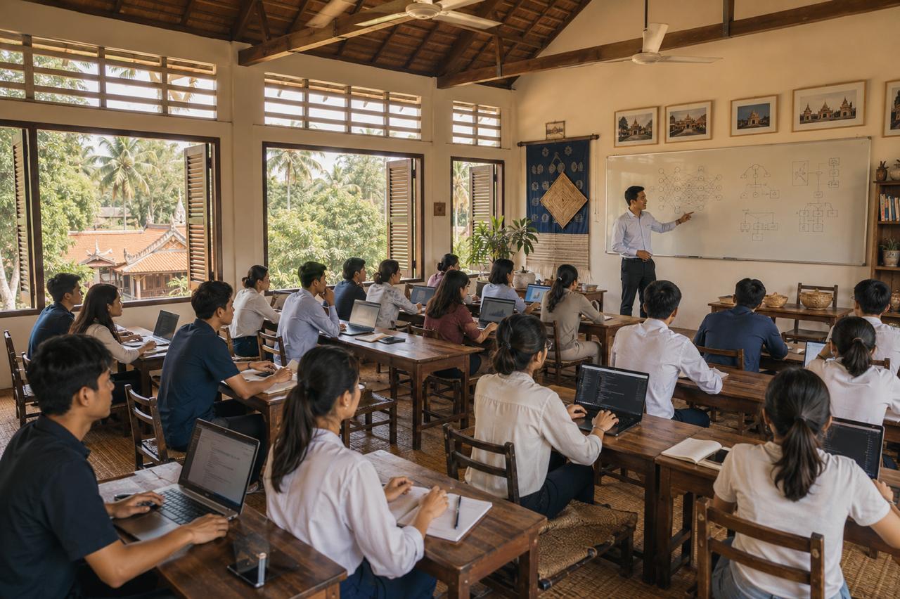 Cambodian students in a classroom learning AI — សិស្សកម្ពុជាក្នុងថ្នាក់រៀន AI