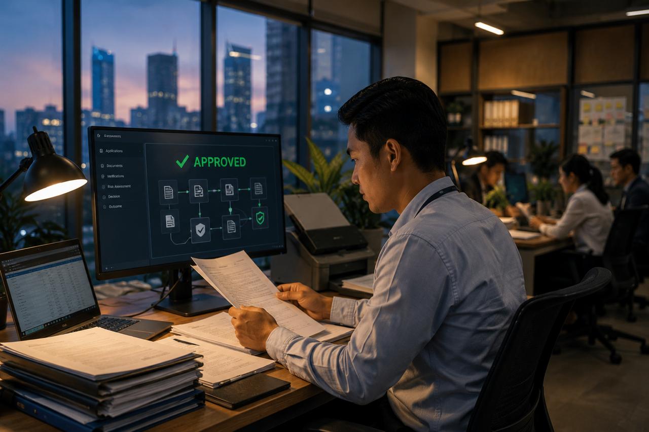 Loan officer reviewing applications while an AI agent auto-approves a compliance workflow — មន្ត្រីឥណទានពិនិត្យពាក្យសុំ ខណៈភ្នាក់ងារ AI អនុម័តលំហូរការងារអនុលោមភាពដោយស្វ័យប្រវត្តិ